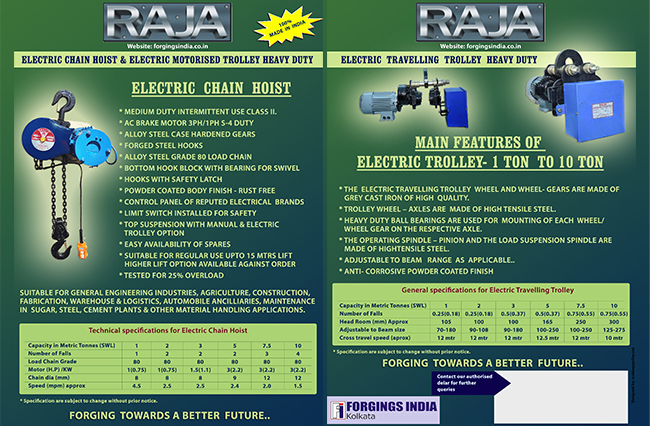 FORGINGS INDIA - RAJA GROUP - Electric  Chain  Hoist & Electric  Motorised Trolley Heavy Duty